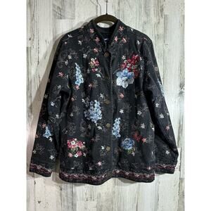 Denim‎ & Co Denim Jacket Charcoal Gray Wash Multicolor Floral Embroidery Medium